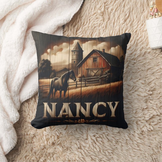 Black Horse Near Barn at Nancy Farm Throw Pillow (Blanket)