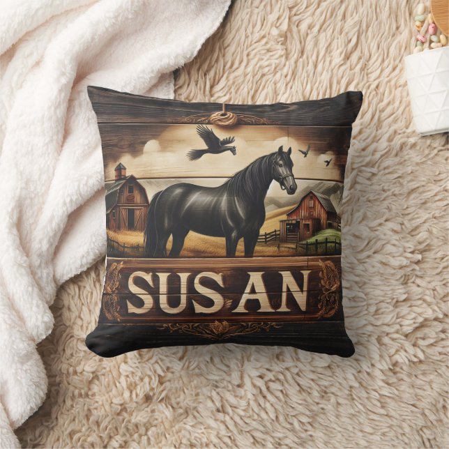 Black Horse Near Barns and Flying Birds Throw Pillow (Blanket)