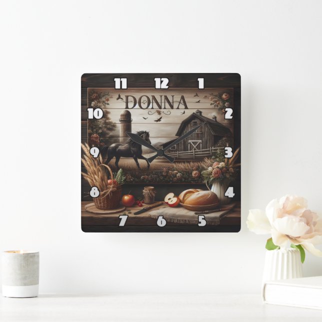 Black Horse Near Farmhouse and Rustic Decor Square Wall Clock (Home)