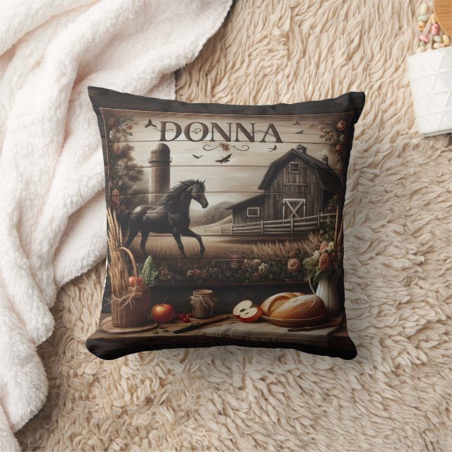 Black Horse Near Farmhouse and Rustic Decor Throw Pillow (Blanket)