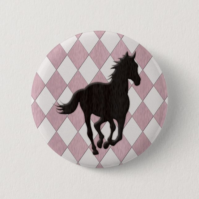 Black Horse on Pink White Diamond Pattern Button (Front)