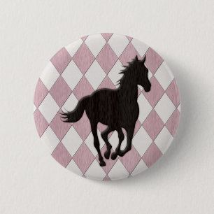Black Horse on Pink White Diamond Pattern Button