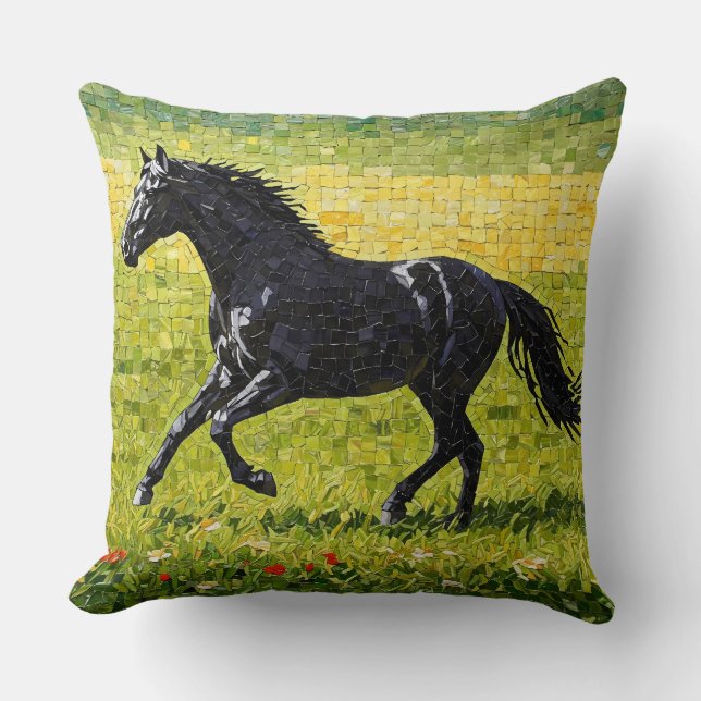 Black Horse on the Prairie Throw Pillow (Front)