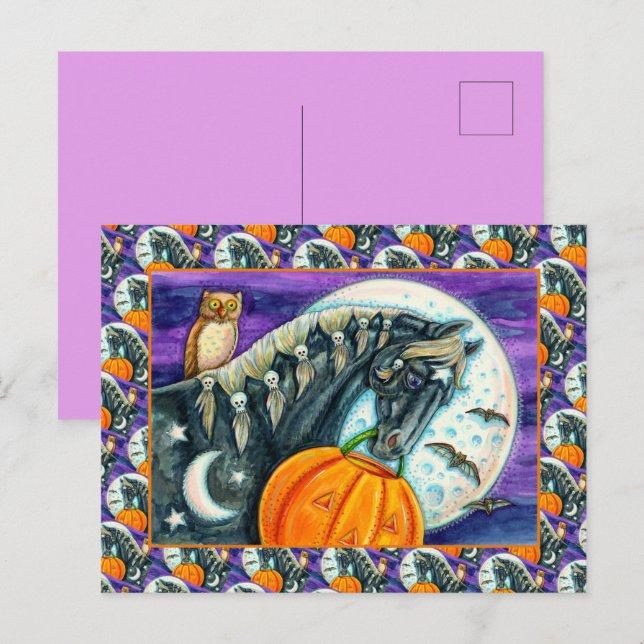 BLACK HORSE, OWL, JACK O LANTERN SKULLS HALLOWEEN  HOLIDAY POSTCARD (Front/Back)