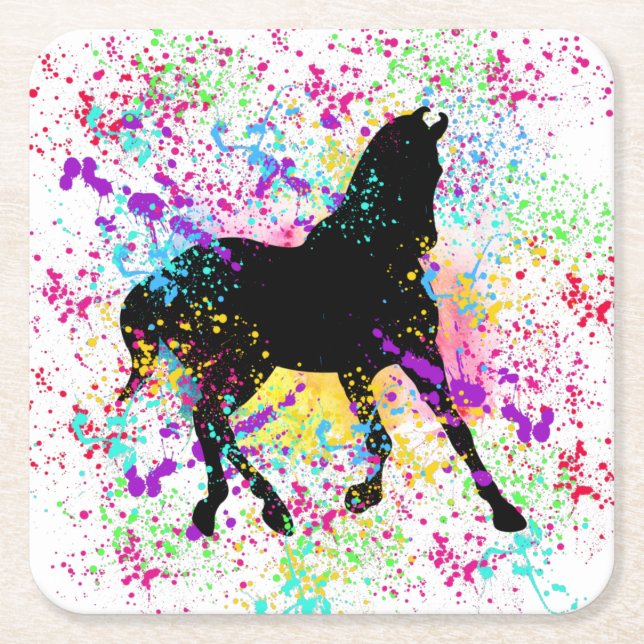 Black Horse Paint Splatter   Square Paper Coaster (Front)