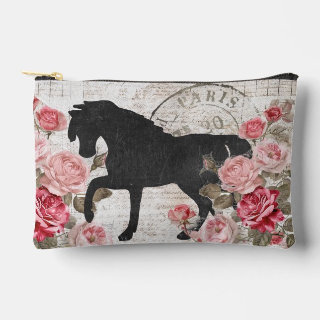 Black Horse Pink Rose French Script Feminine Zip Accessory Pouch (Front)