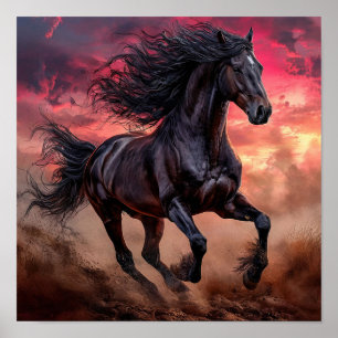 🐎 Black Horse Pink Sky Aesthetic Dream Landscape Poster