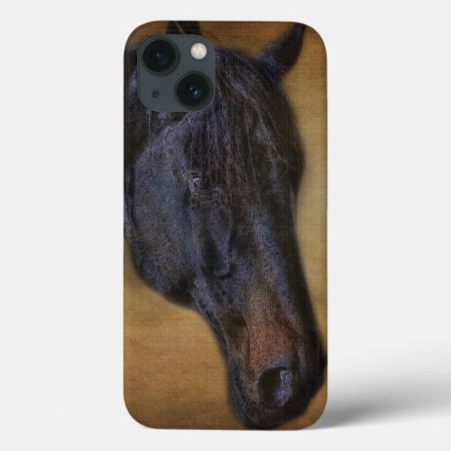 Black Horse Portrait on Rustic Parchment effect iPhone 13 Case