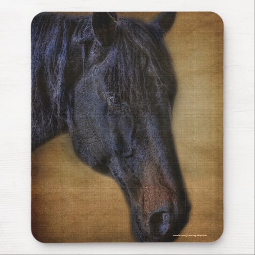 Black Horse Portrait on Rustic Parchment effect Mouse Pad
