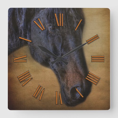 Black Horse Portrait on Rustic Parchment_effect Square Wall Clock