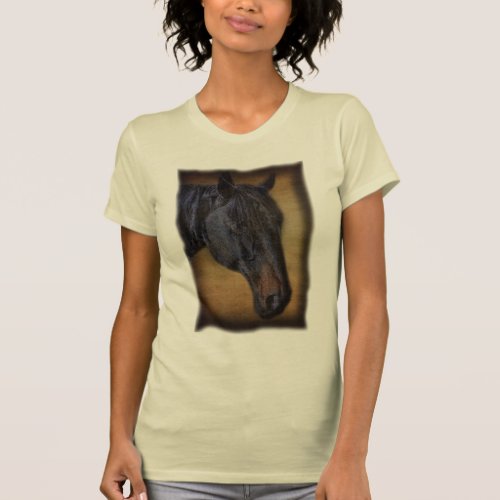 Black Horse Portrait on Rustic Parchment effect T_Shirt