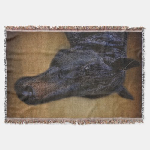 Black Horse Portrait on Rustic Parchment effect Throw Blanket