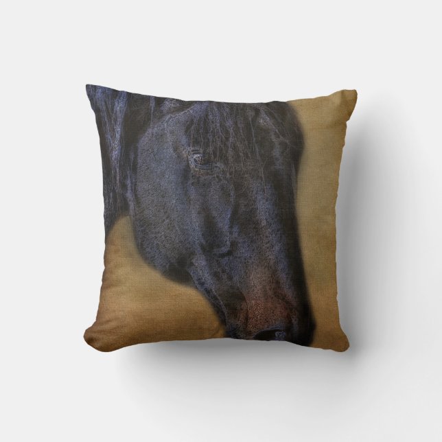 Black Horse Portrait on Rustic Parchment effect Throw Pillow (Front)