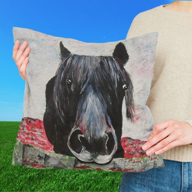 Black Horse Portrait with Red Flowers Throw Pillow (Creator Uploaded)