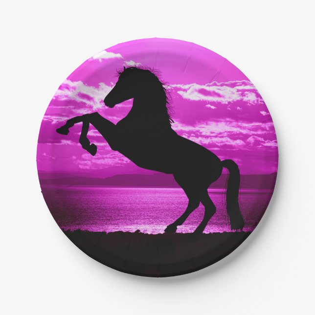 Black Horse Purple Sky and Water  Paper Plates (Front)