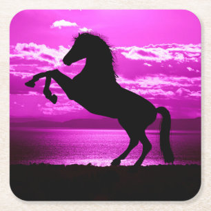 Black Horse Purple Sky and Water  Square Paper Coaster