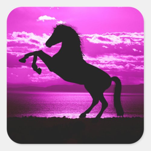 Black Horse Purple Sky and Water   Square Sticker