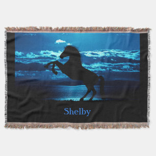 Black Horse Rearing Blue & Black Throw Blanket