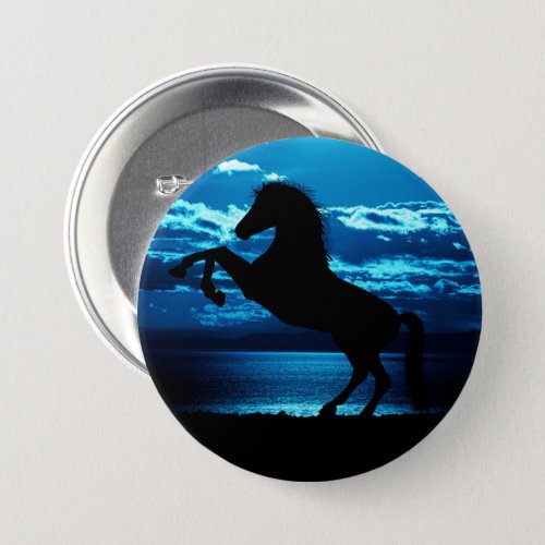 Black Horse Rearing in front of Blue Sky   Button