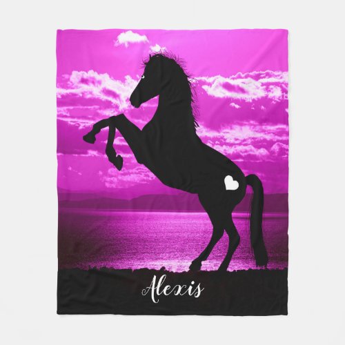 Black Horse Rearing Purple Sky Fleece Blanket