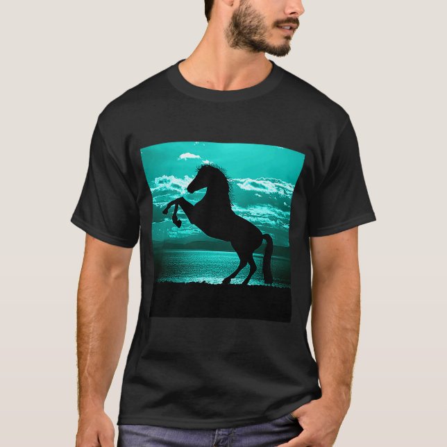 Black Horse Rearing Turquoise Sky T-Shirt (Front)