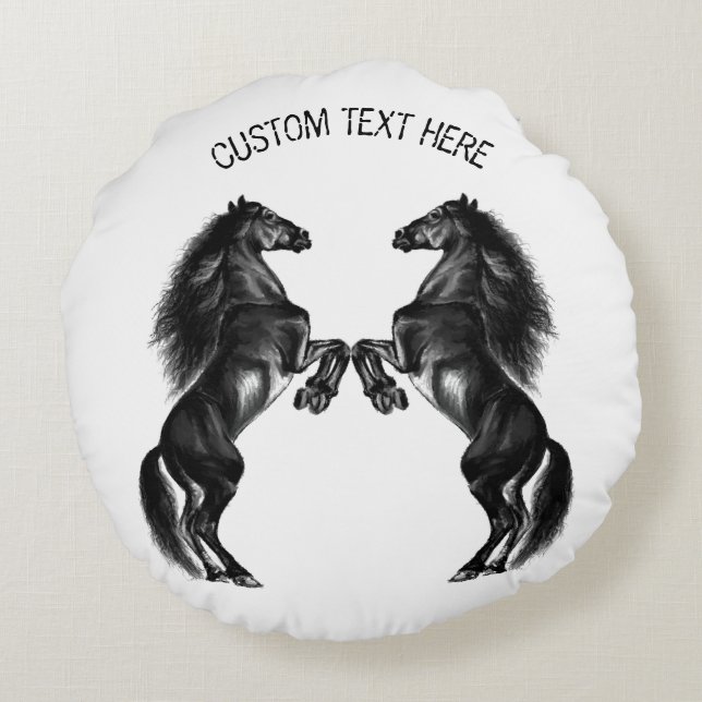 Black Horse Round Pillow Custom Text and Color (Back)