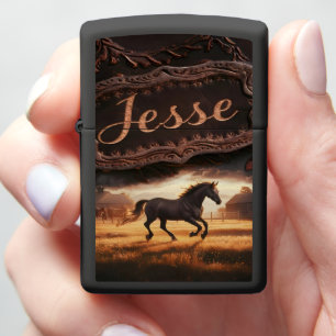 Black Horse Running in Field Zippo Lighter