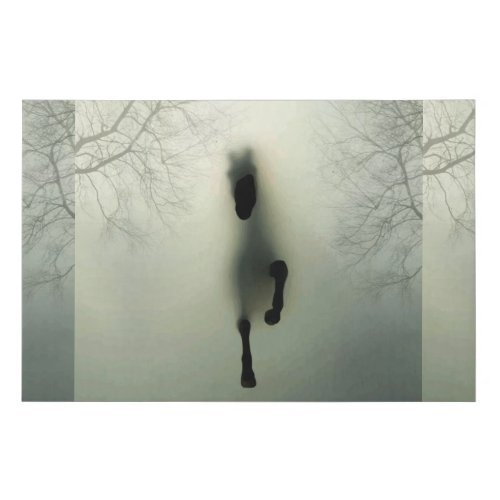 Black horse running in foggy forest faux canvas print