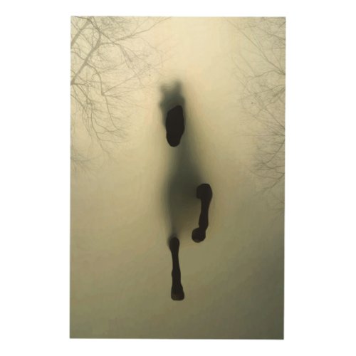 Black horse running in foggy forest wood wall art