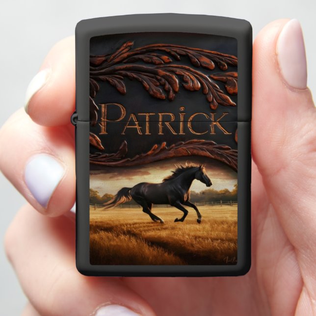 Black Horse Running on Farm Zippo Lighter (In Hand)