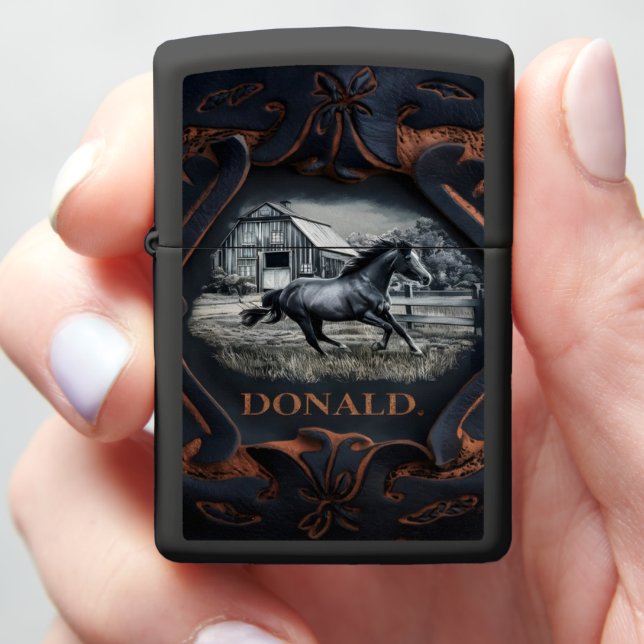 Black Horse Running Past Barn Zippo Lighter (In Hand)