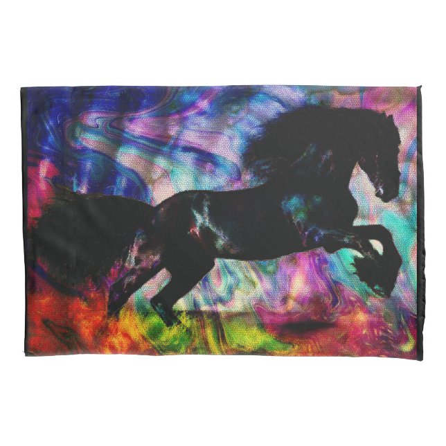 Black Horse Running Though Abstract Fire Pillow Case (Front)