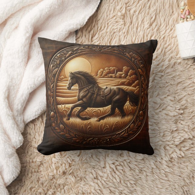 Black Horse Running Through Fields at Sunset Throw Pillow (Blanket)