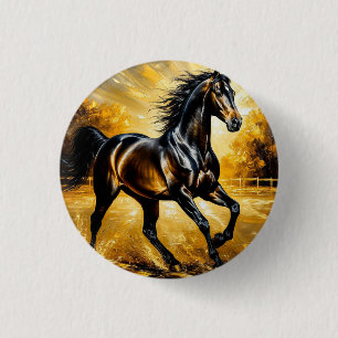 Black Horse Running Through Water in Golden Sunset Button