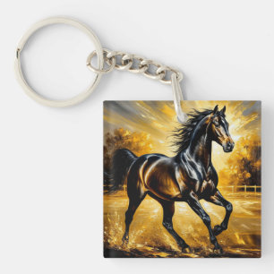 Black Horse Running Through Water in Golden Sunset Keychain