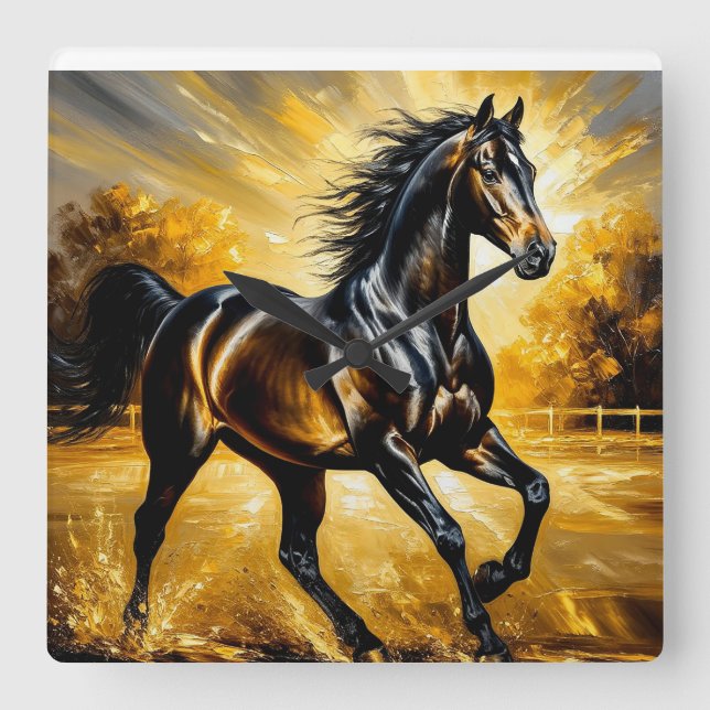 Black Horse Running Through Water in Golden Sunset Square Wall Clock (Front)
