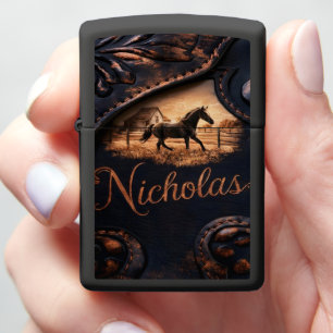 Black Horse Scene on Leather Zippo Lighter