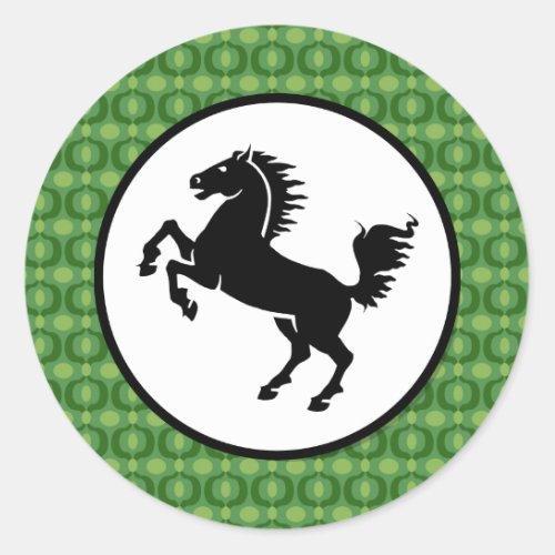 Black Horse Silhouette on Green Pattern Classic Round Sticker