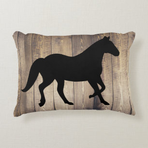 Black Horse Silhouette & Rustic Wood Planks Accent Pillow