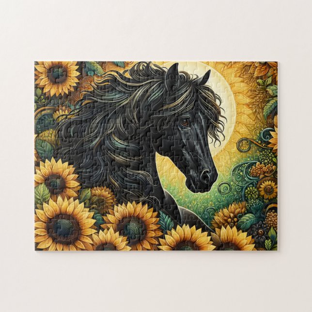 Black Horse Sunflowers Jigsaw Puzzle (Horizontal)