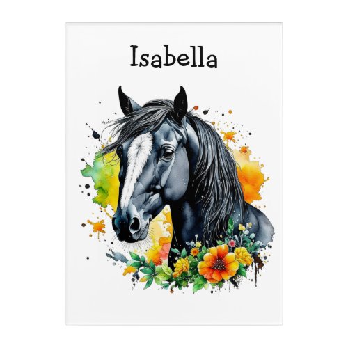 Black Horse Surrounded by Flowers Personalized  Acrylic Print