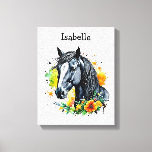 Black Horse Surrounded by Flowers Personalized  Canvas Print