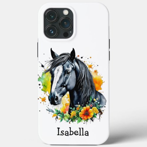 Black Horse Surrounded by Flowers Personalized  iPhone 13 Pro Max Case