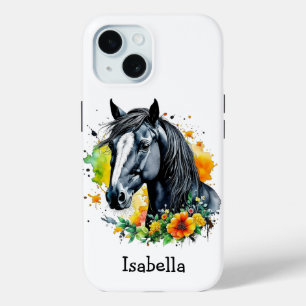 Black Horse Surrounded by Flowers Personalized iPhone 15 Case