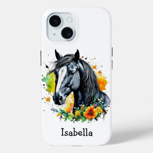 Black Horse Surrounded by Flowers Personalized  iPhone 15 Case