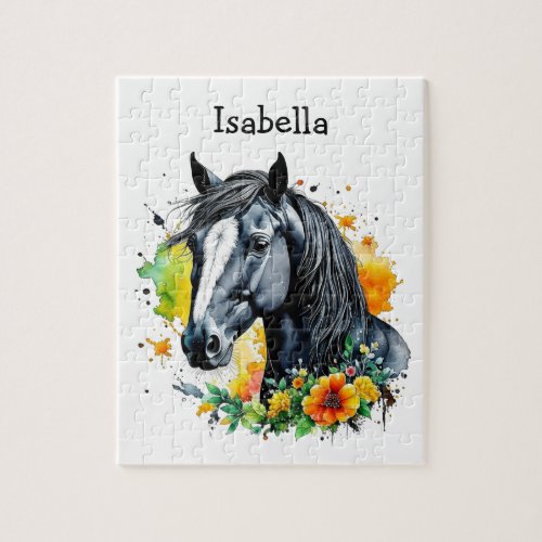 Black Horse Surrounded by Flowers Personalized  Jigsaw Puzzle