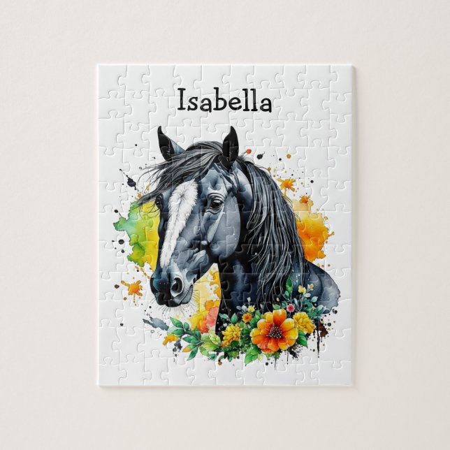 Black Horse Surrounded by Flowers Personalized  Jigsaw Puzzle (Vertical)