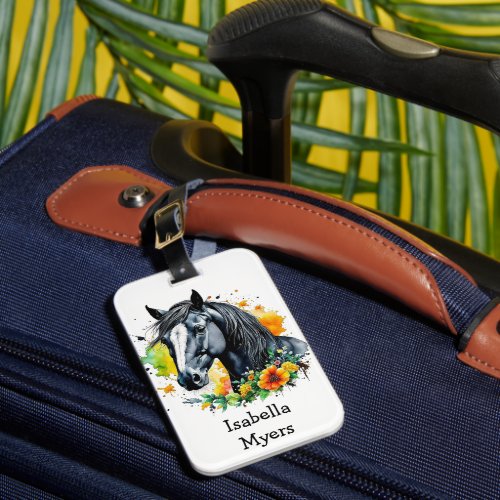 Black Horse Surrounded by Flowers Personalized  Luggage Tag