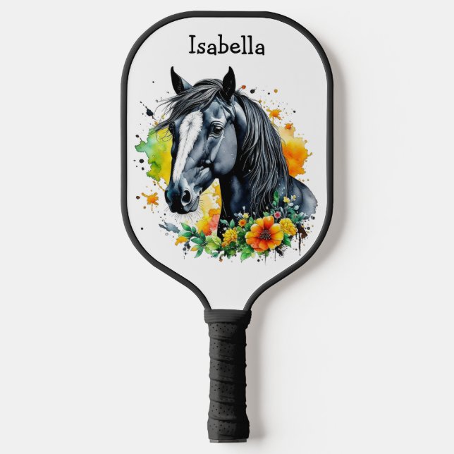 Black Horse Surrounded by Flowers Personalized  Pickleball Paddle (Front)