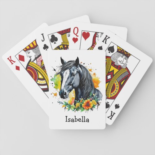 Black Horse Surrounded by Flowers Personalized  Playing Cards